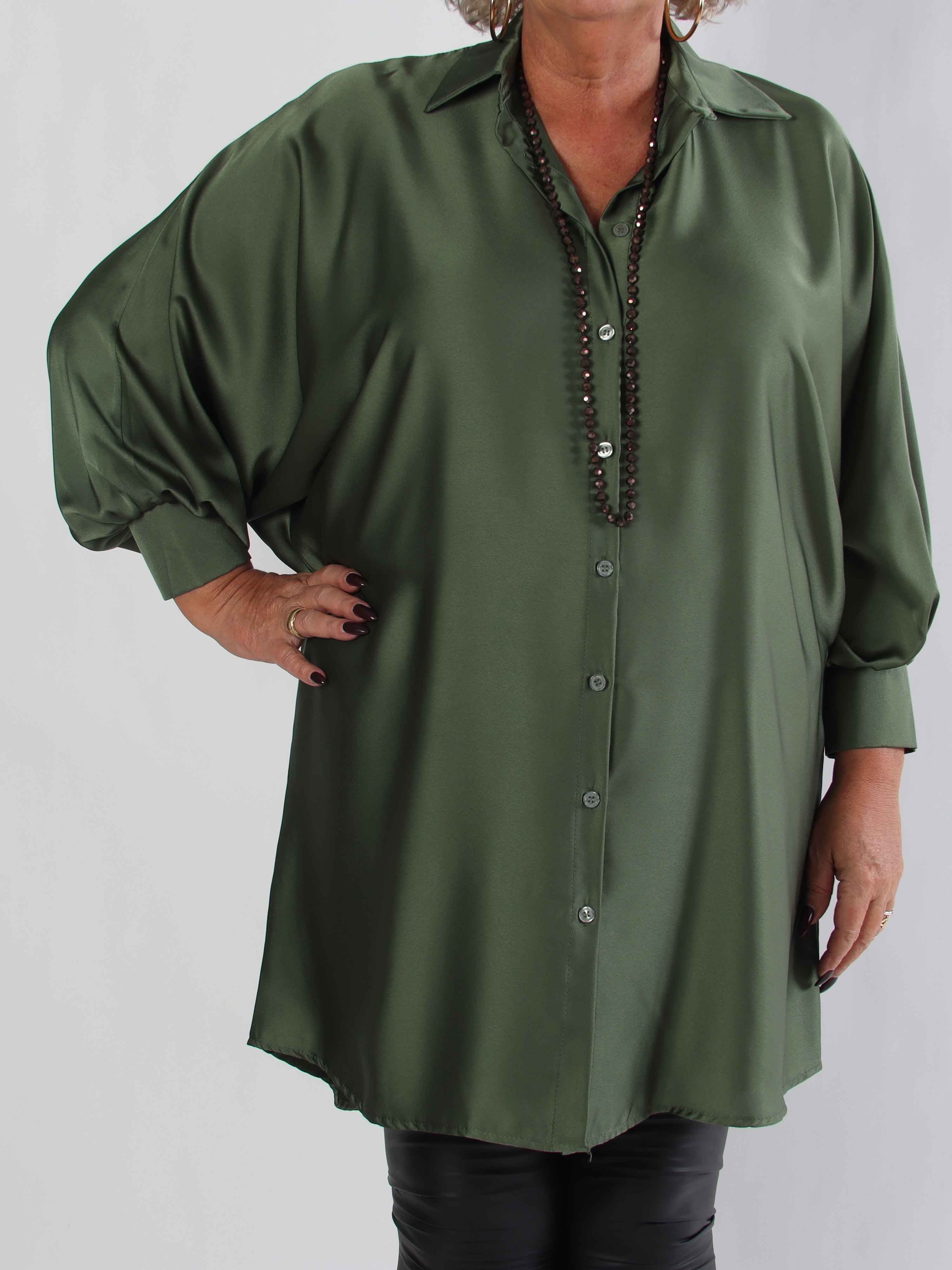 Feliciti long - Shiny plus size skjortekjole med flagermusærmer